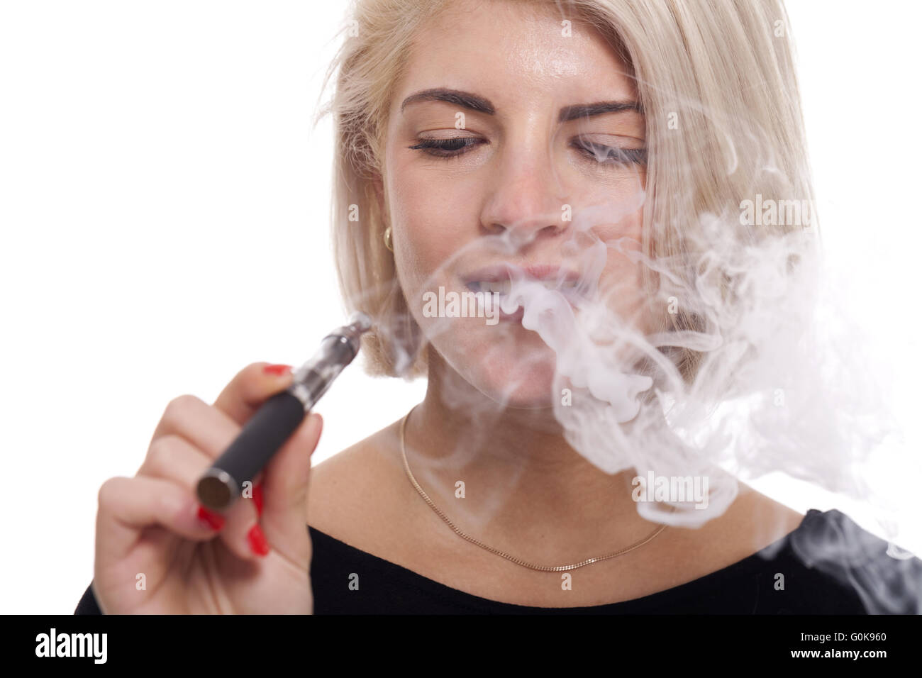 Close up Blond Woman Smoking Using E- Cigarette Stock Photo