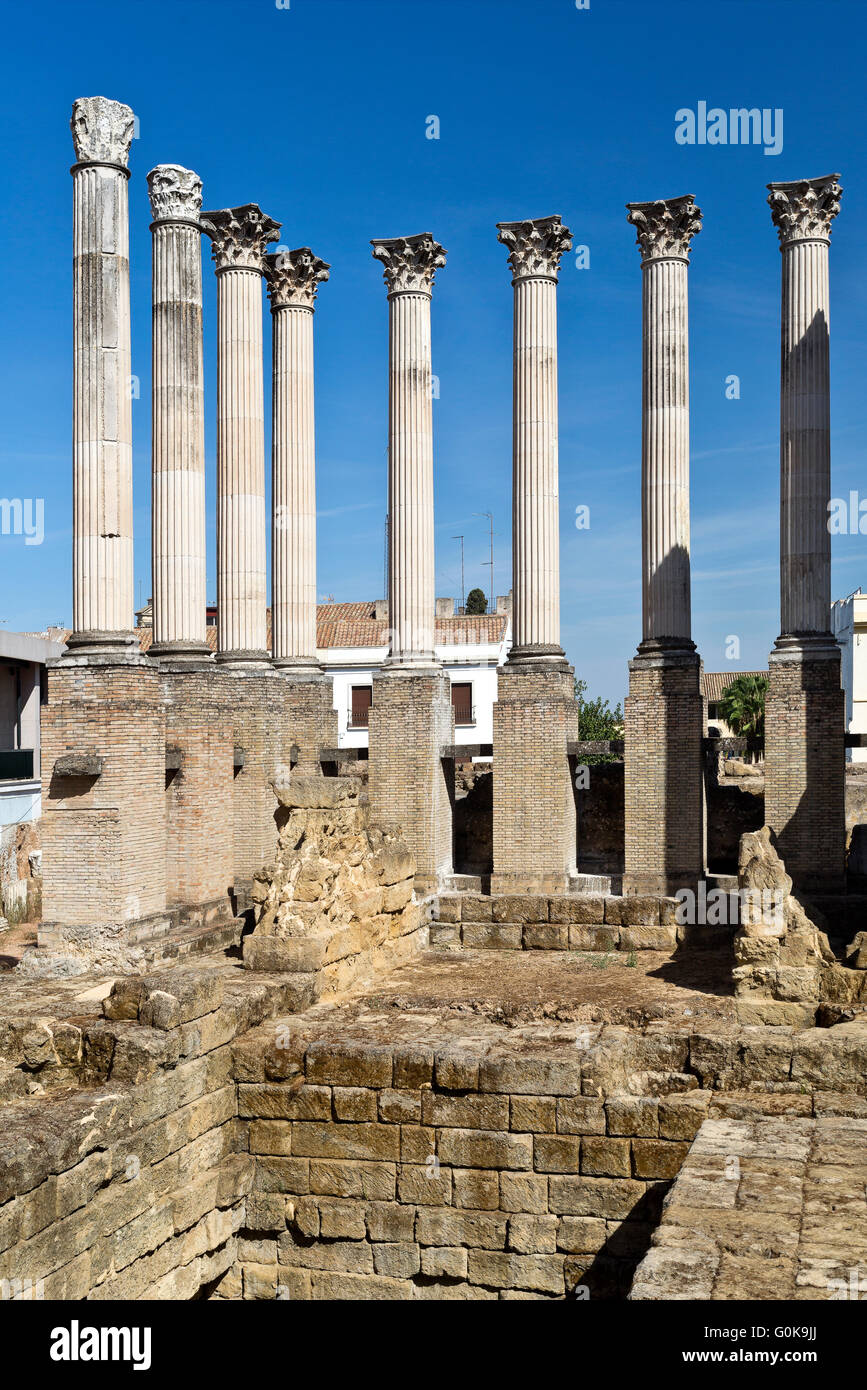 Foundations and columns of the Corinthian order roman temple in Cordoba