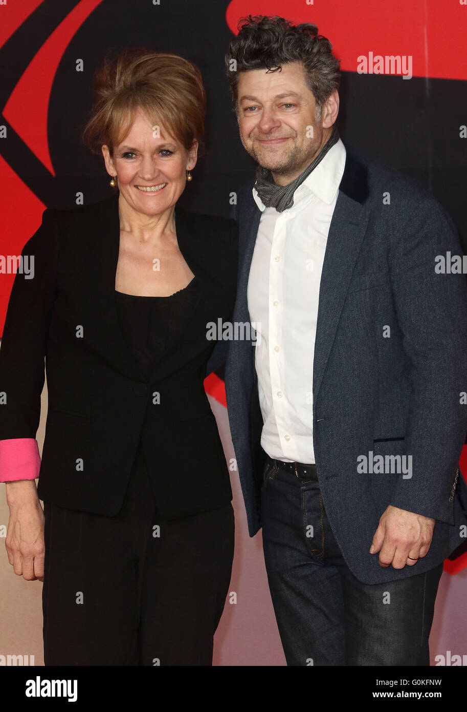 March 22, 2016 - Andy Serkis and Lorraine Ashbourne attending The European Premiere of 'Batman V Superman: Dawn Of Justice' at O Stock Photo