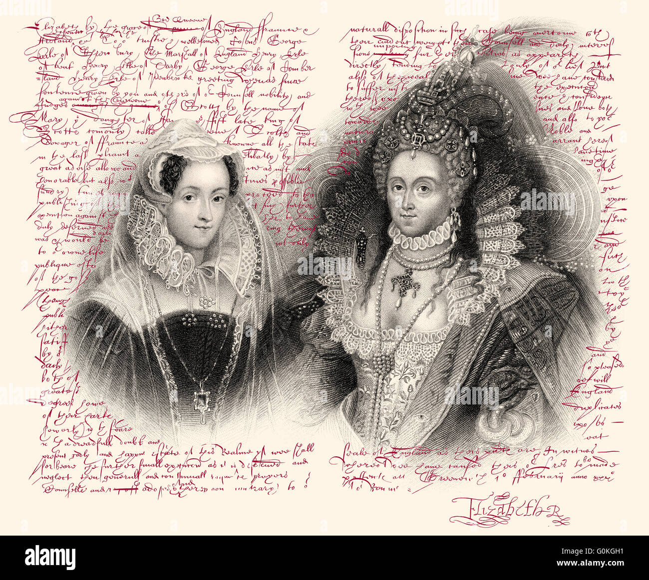 Facsimile, the warrant of execution of Mary Stuart, Queen of Scots, written by Elizabeth I, 1533-1603, Queen of England, on Febr Stock Photo