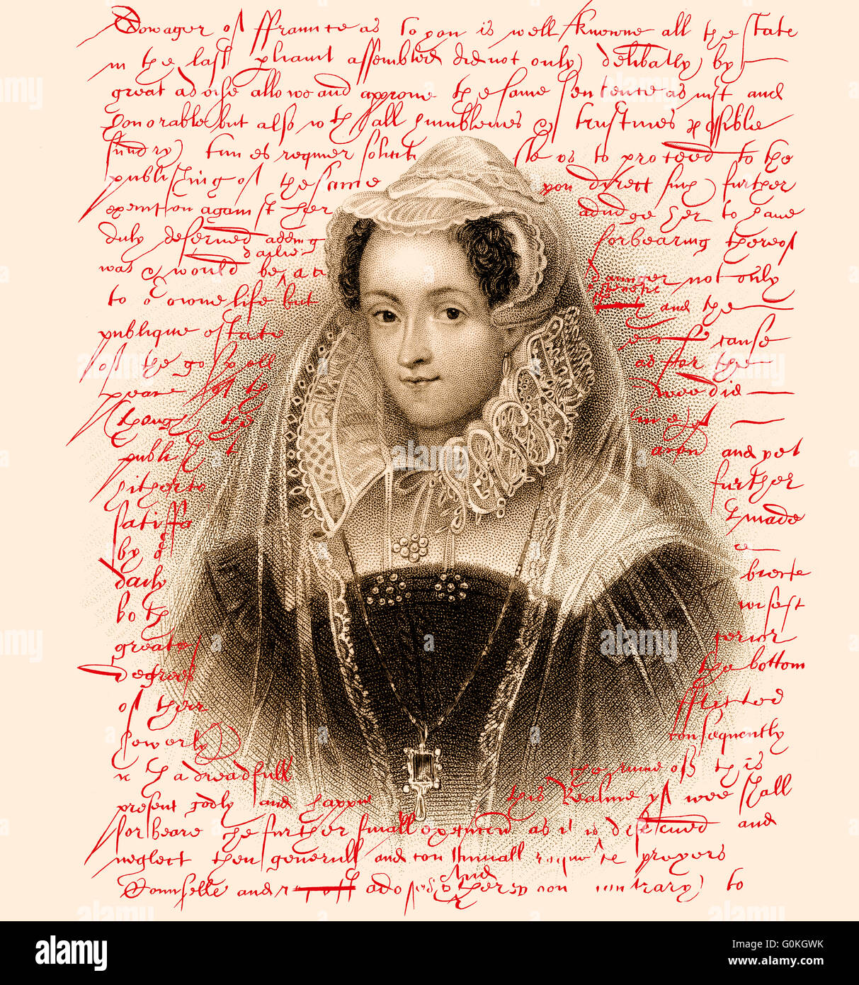 Facsimile, the warrant of execution of Mary Stuart, Queen of Scots, written by Elizabeth I, 1533-1603, Queen of England, on Febr Stock Photo