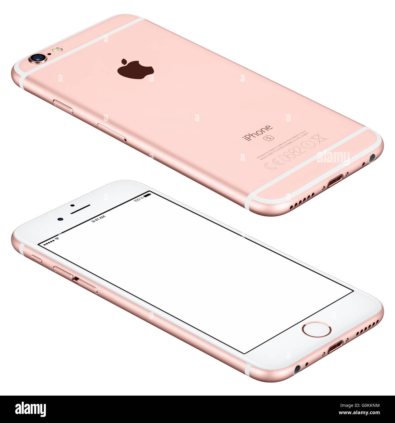 Varna, Bulgaria - October 25, 2015: Rose Gold Apple iPhone 6s mockup lies on the surface with white screen and back side Stock Photo