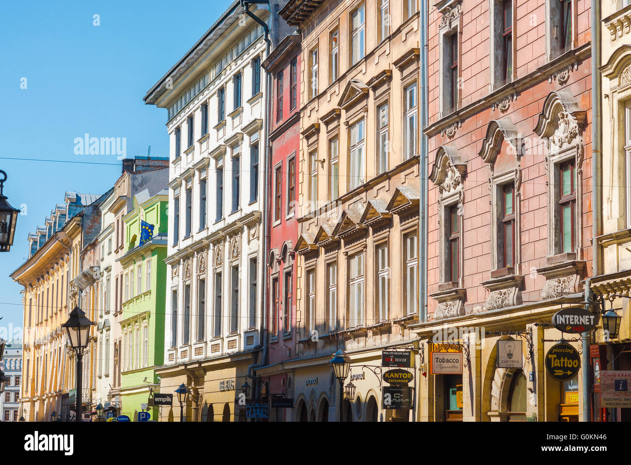 Krakow Stare Miasto, view of Rococo and 19th Century neoclassical buildings on the north side of the market square in the centre of Krakow, Poland Stock Photo