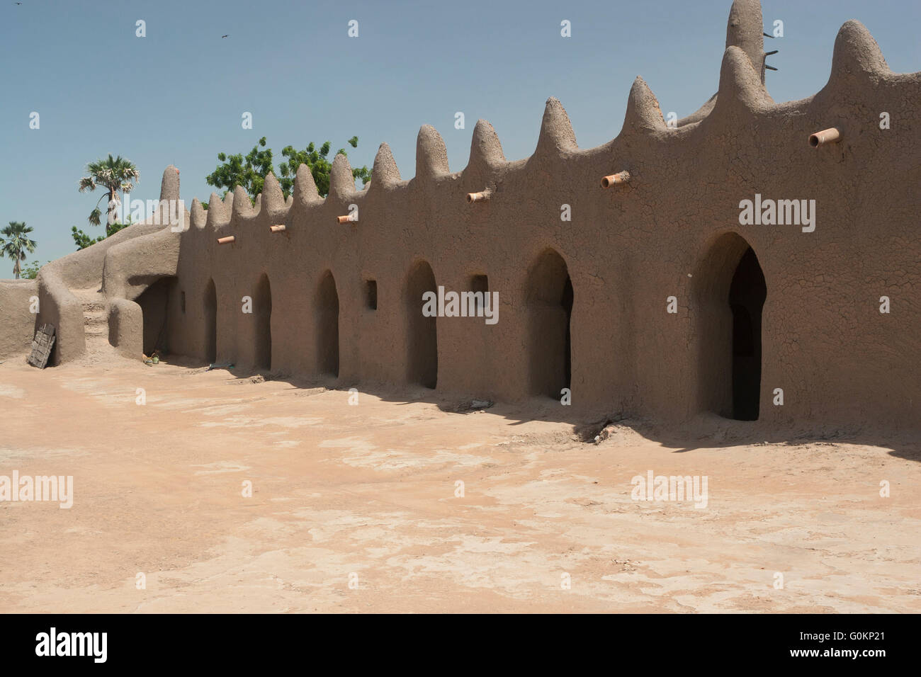The courtyard of Senoussa (Senossa) mosque built with adobe in traditional Sudano-Sahelian architecture Stock Photo