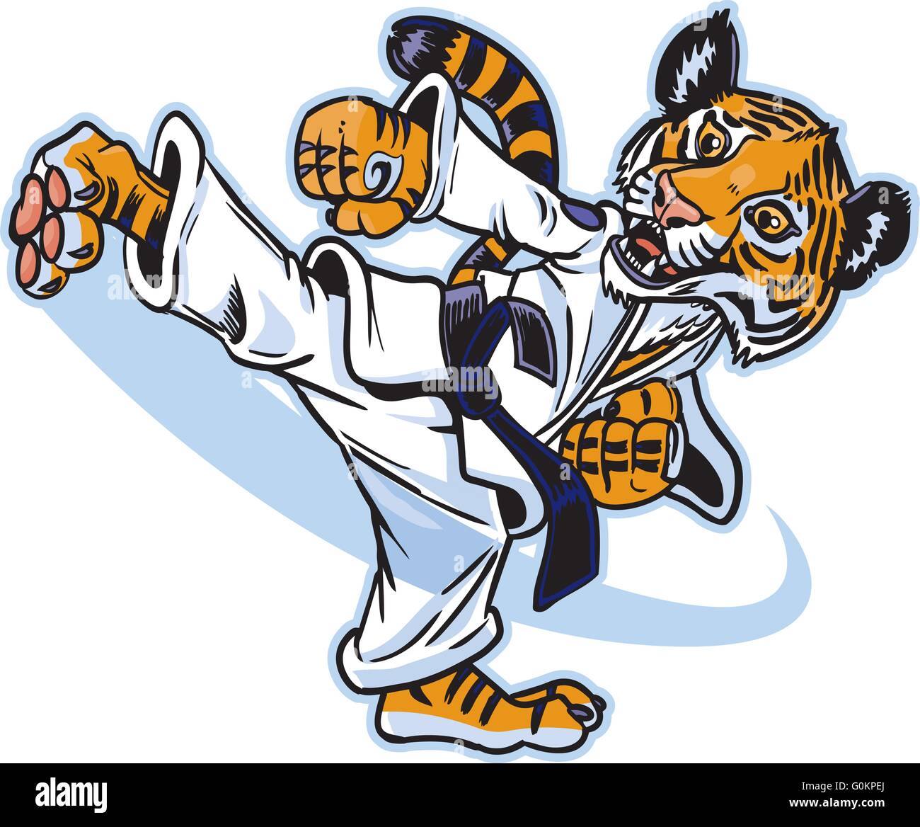 Vector clip art cartoon of a cute young tiger cub martial artist executing a spinning back kick. Stock Vector