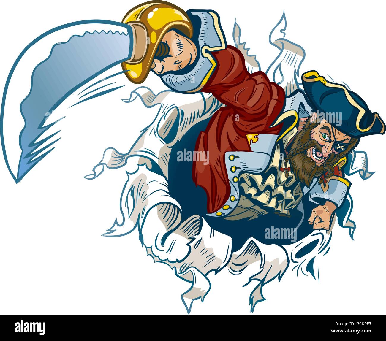 Vector cartoon clip art illustration of a pirate ripping out of the background, brandishing a cutlass. Makes a great mascot! Stock Vector
