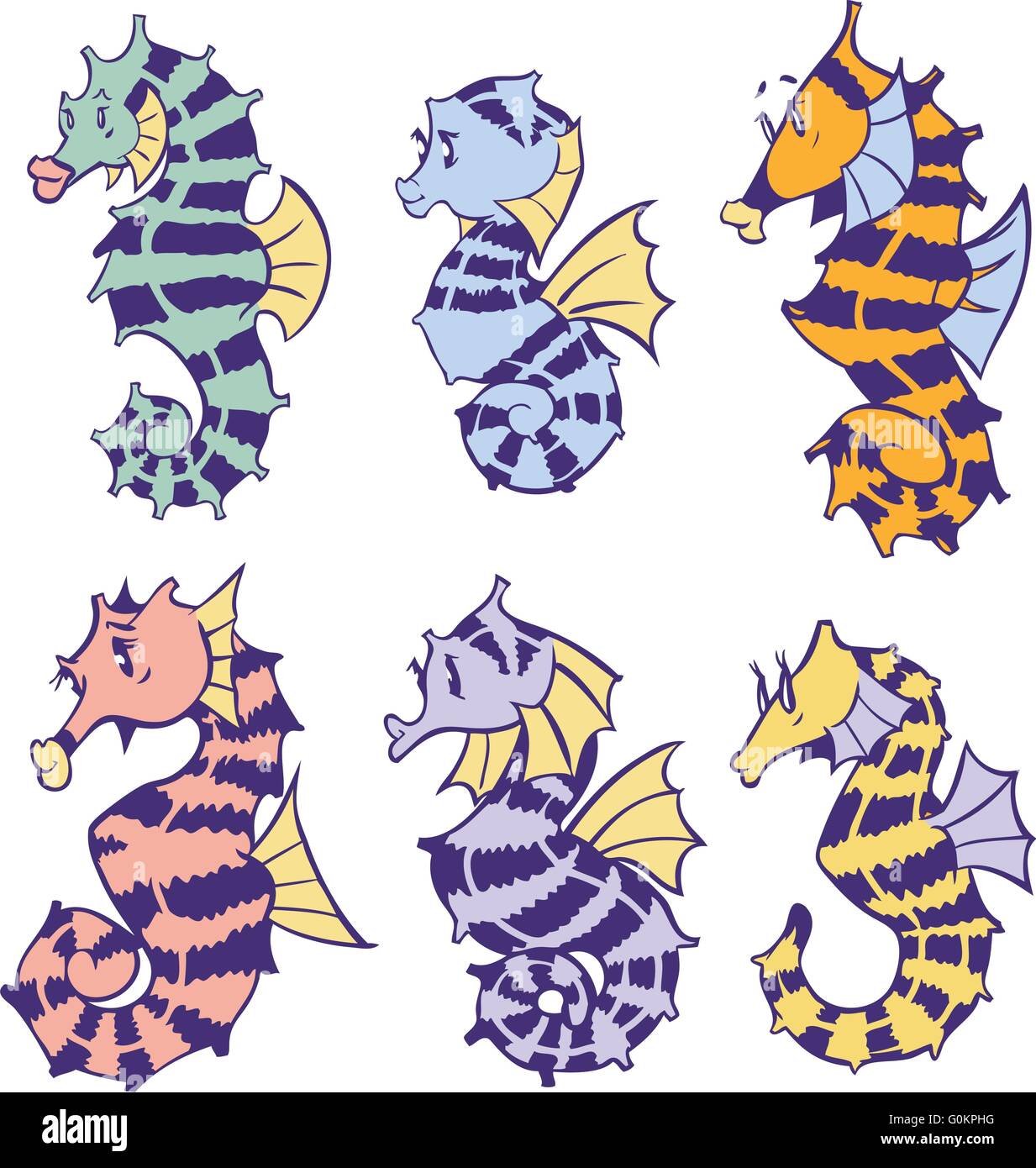 A set of cute cartoon seahorses created as vector clip art, in a simple style. Stock Vector