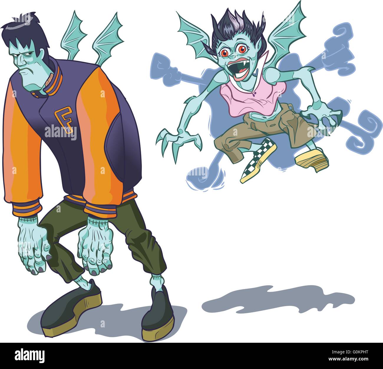 Teenage cartoon versions of a Frankenstein ('s) monster and his vampire girlfriend. Stock Vector