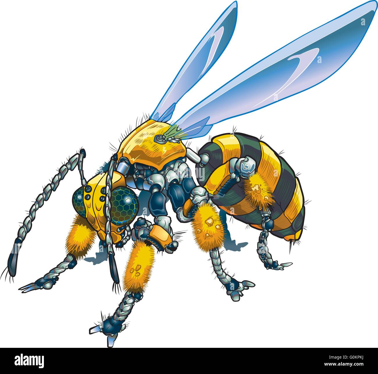 Vector cartoon clip art illustration of a robot wasp or bee. Could also be a conceptual illustration of future drone technology. Stock Vector