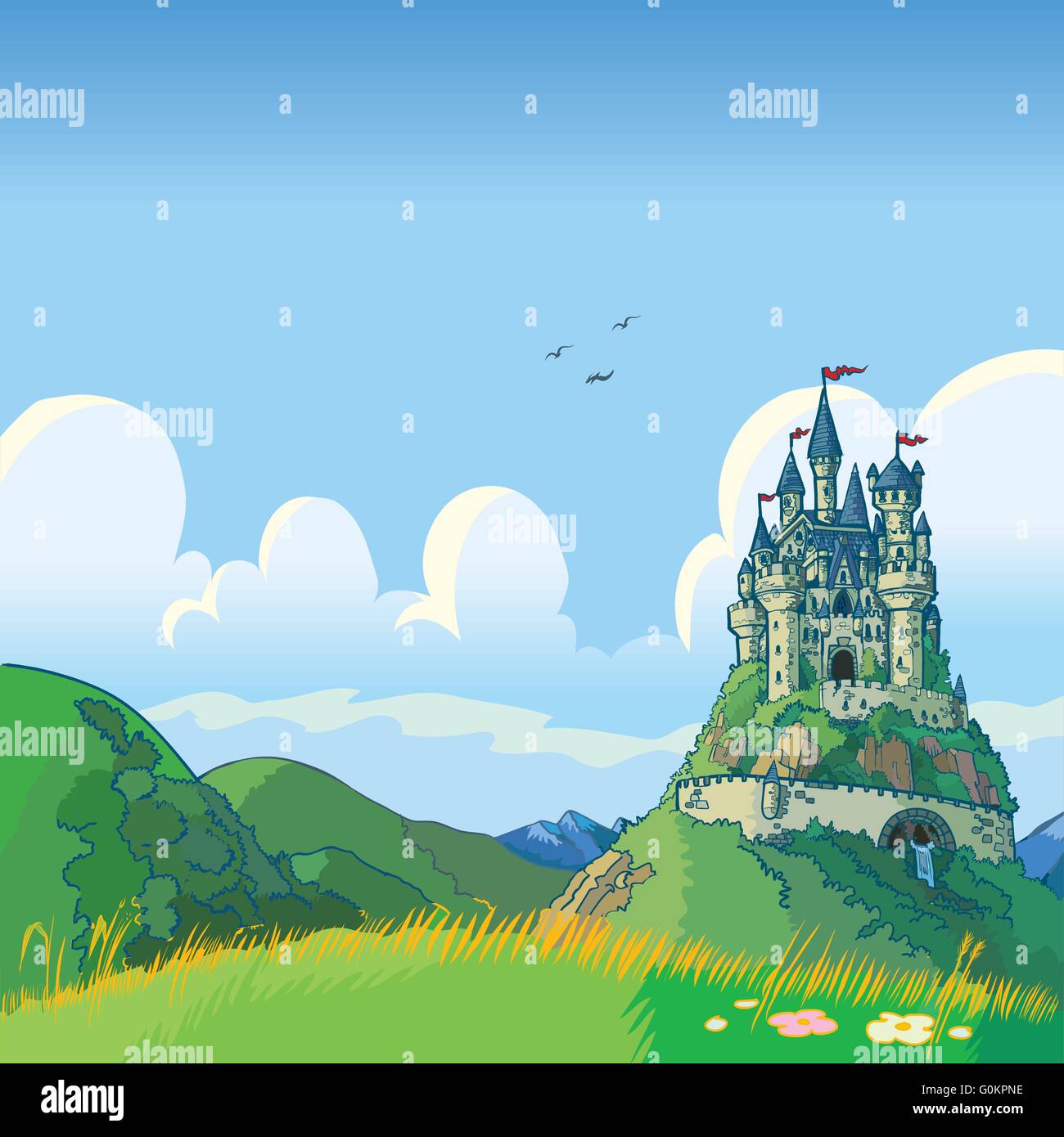 Vector cartoon illustration of a fantasy background with rolling green hills and a castle in the distance. Stock Vector