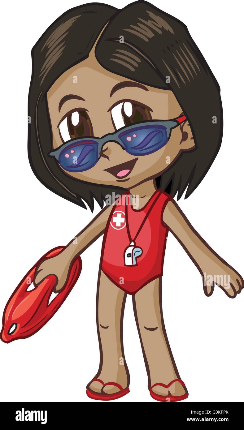 Vector clip art illustration of a dark skinned girl wearing a life guard outfit or costume, drawn in an anime or manga style. Stock Vector