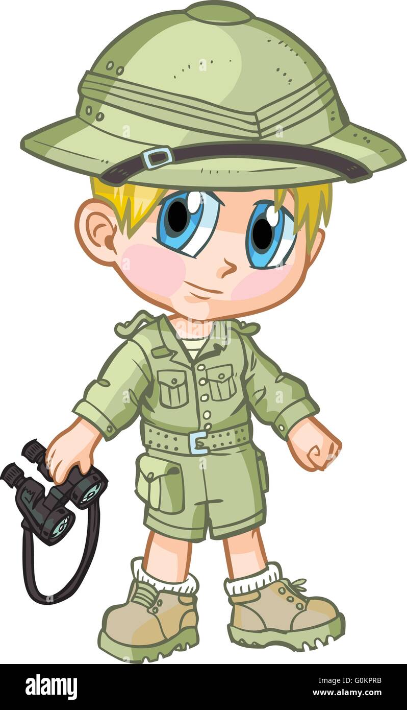 Vector cartoon clip art of a caucasian boy wearing a safari outfit, drawn in an anime or manga style. Stock Vector