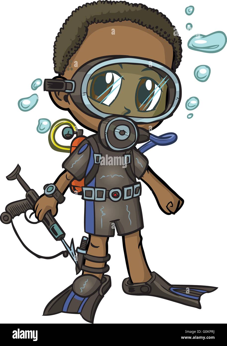Vector cartoon clip art of an African American boy wearing a scuba suit, drawn in an anime or manga style. Stock Vector