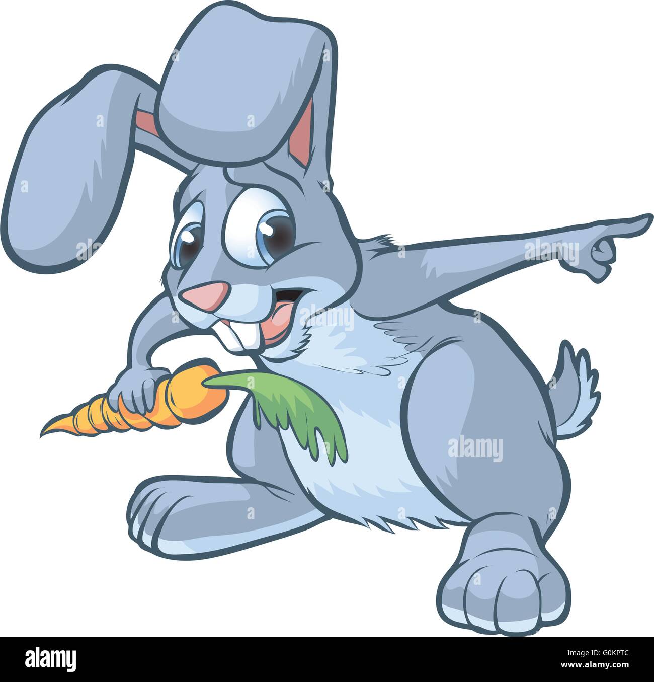 Vector cartoon clip art of a scared gray bunny or rabbit holding a carrot and pointing to the right. Stock Vector