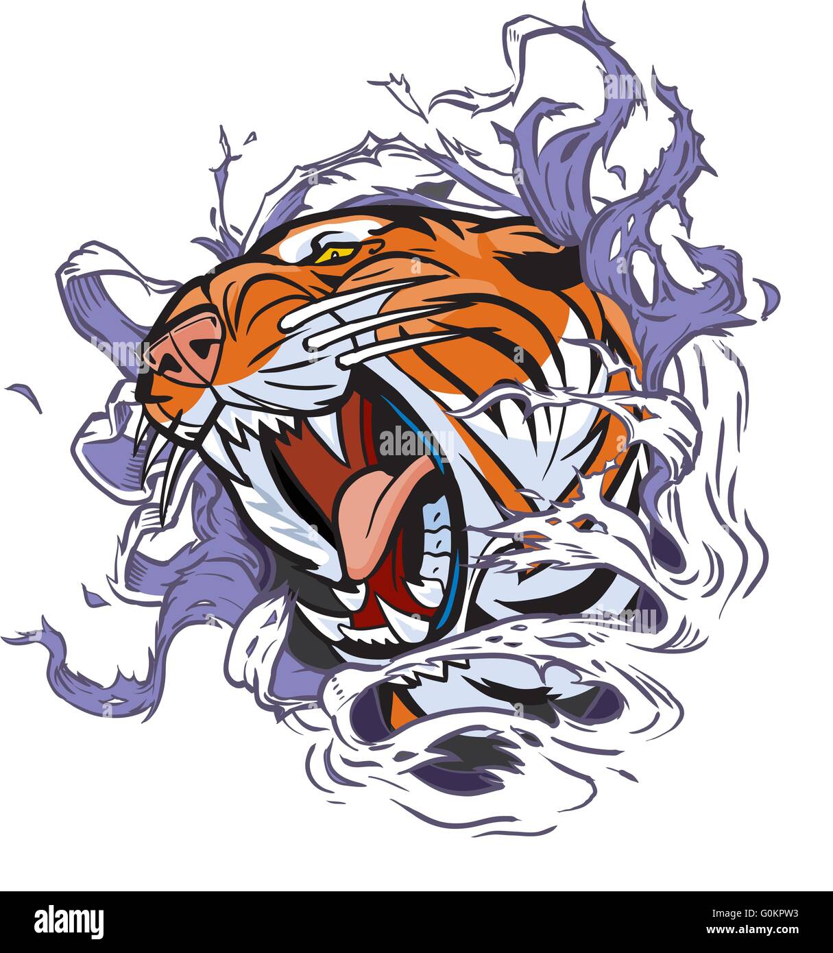 Vector Cartoon Clip Art Illustration of a roaring tiger head ripping out of a hole in the background. Stock Vector