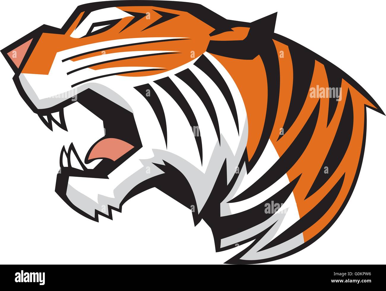 Vector Cartoon Clip Art Illustration of a roaring tiger head in a side view, rendered in a graphic style Stock Vector