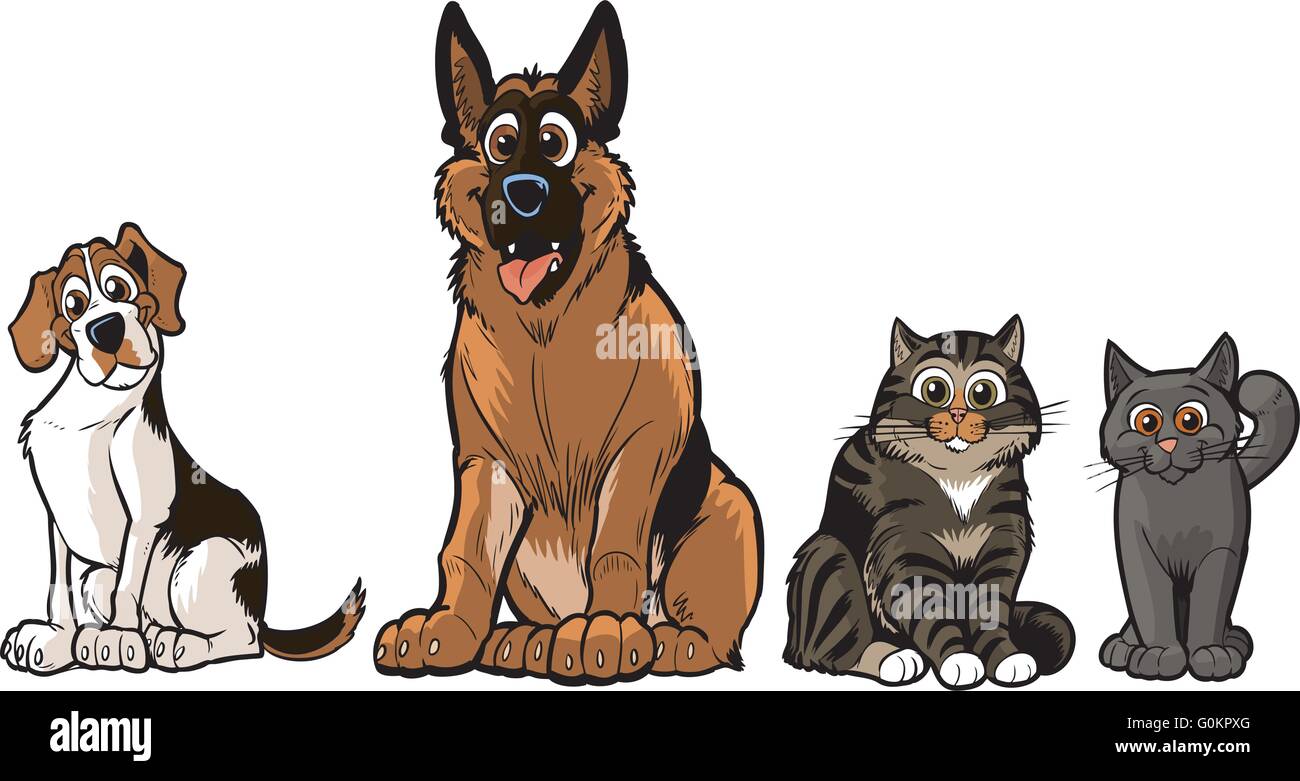 Vector cartoon illustration clip art of a group of 2 dogs and 2 cats, A Beagle, German Shepherd, Tabby, and a Gray cat. Stock Vector