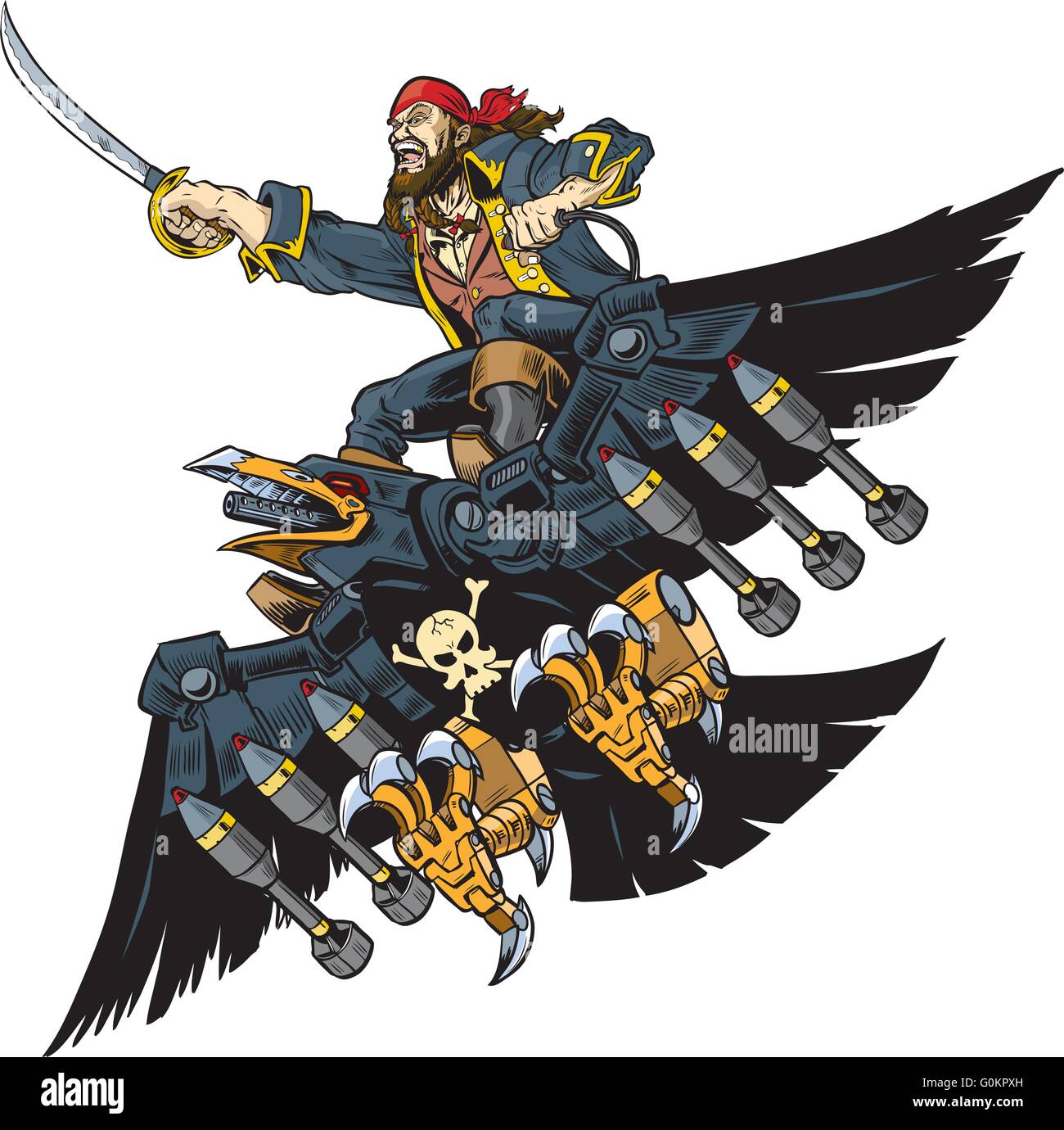 Vector Cartoon Illustration or Clip Art of A Pirate Riding A Robot Crow or Raven brandishing a sword or cutlass. Stock Vector