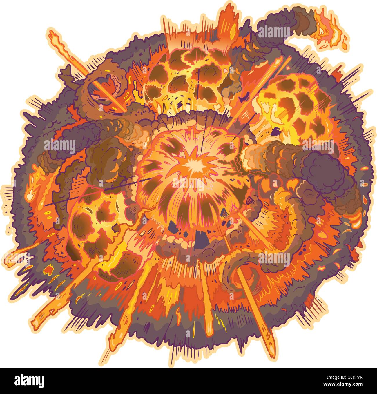 Vector cartoon clip art illustration of an explosion with fireballs, smoke and flying debris. Stock Vector