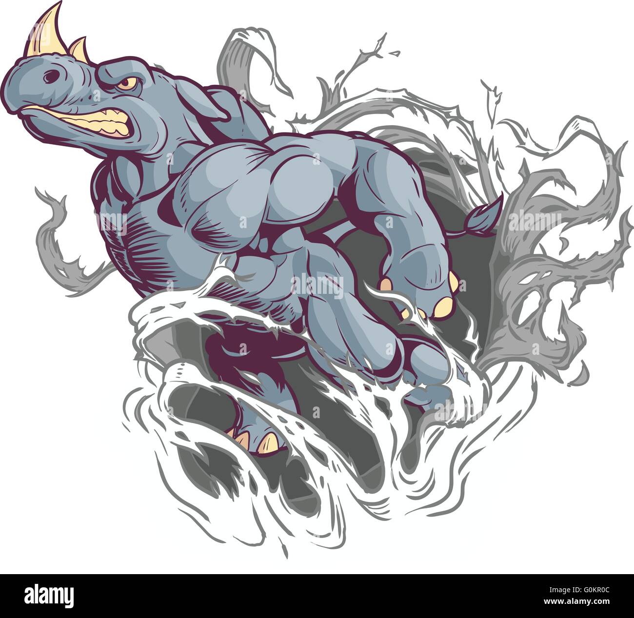 Vector Cartoon Clip Art Illustration of an Anthropomorphic Cartoon Mascot Rhino Ripping Through the Background. Stock Vector