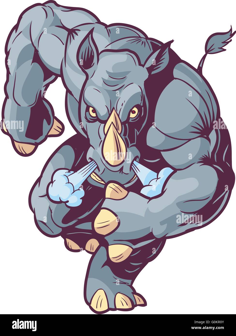 Vector Cartoon Clip Art Illustration of an Anthropomorphic Mascot Rhino or Rhinoceros Charging Forward Stock Vector
