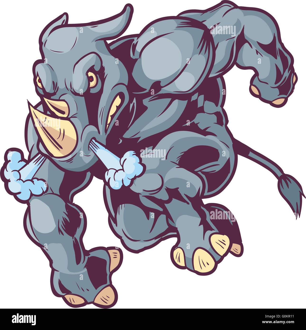 Vector Cartoon Clip Art Illustration of an Anthropomorphic Mascot Rhino Charging to the Left Stock Vector