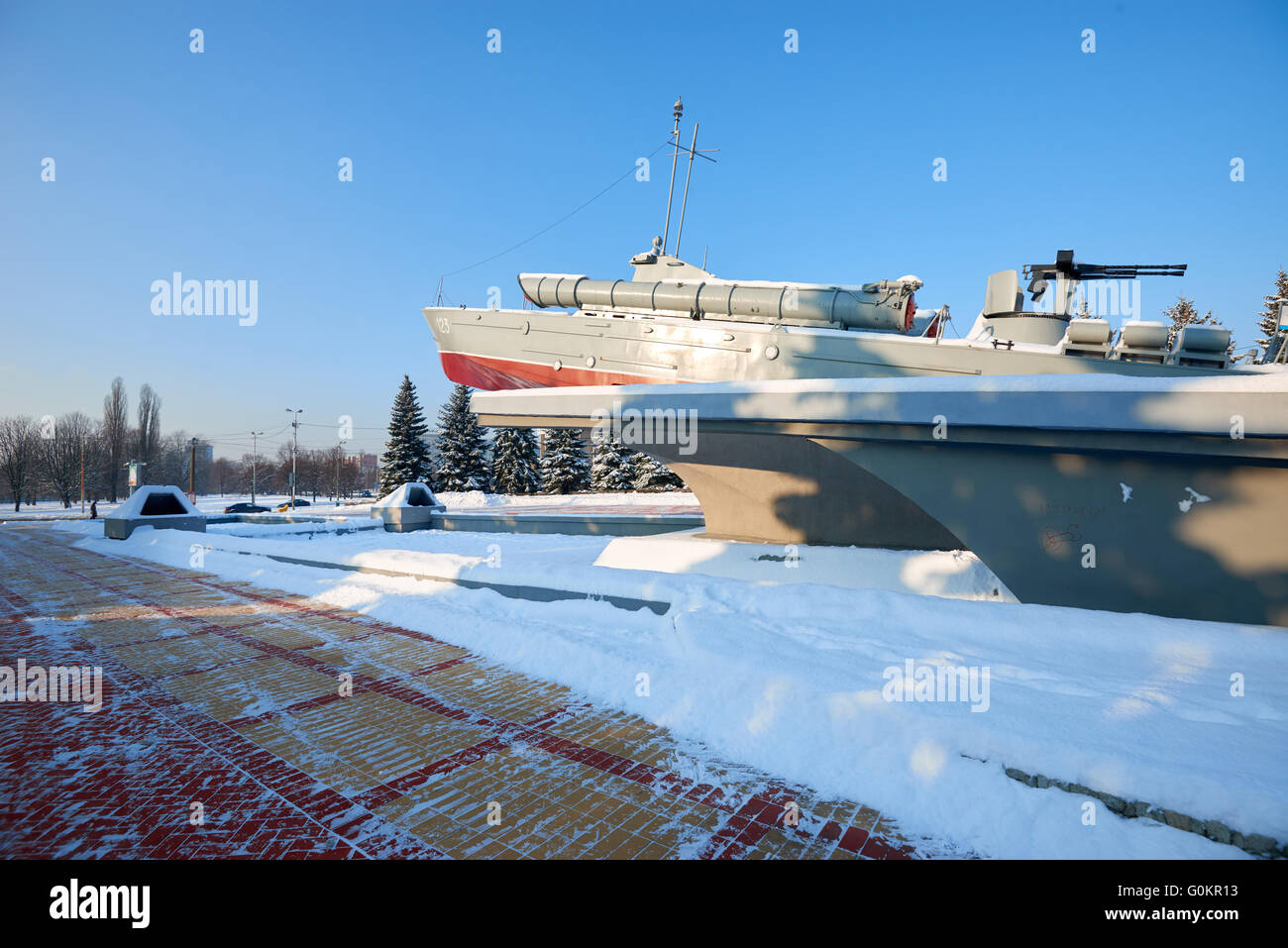 KALININGRAD, RUSSIA - JANUARY 21, 2016: World War II memorial Torpedo boat Komsomolets. Work of sculptor Morgunov in 1978 Stock Photo