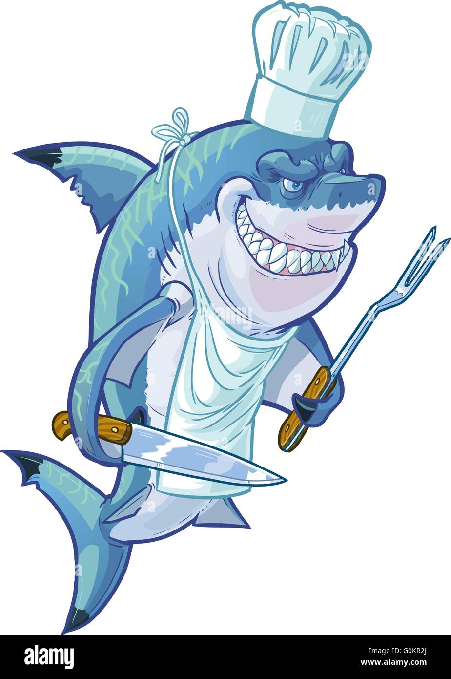 Vector cartoon clip art illustration of a tough mean smiling shark with a chef hat, apron, barbecue fork, and butcher knife. Stock Vector