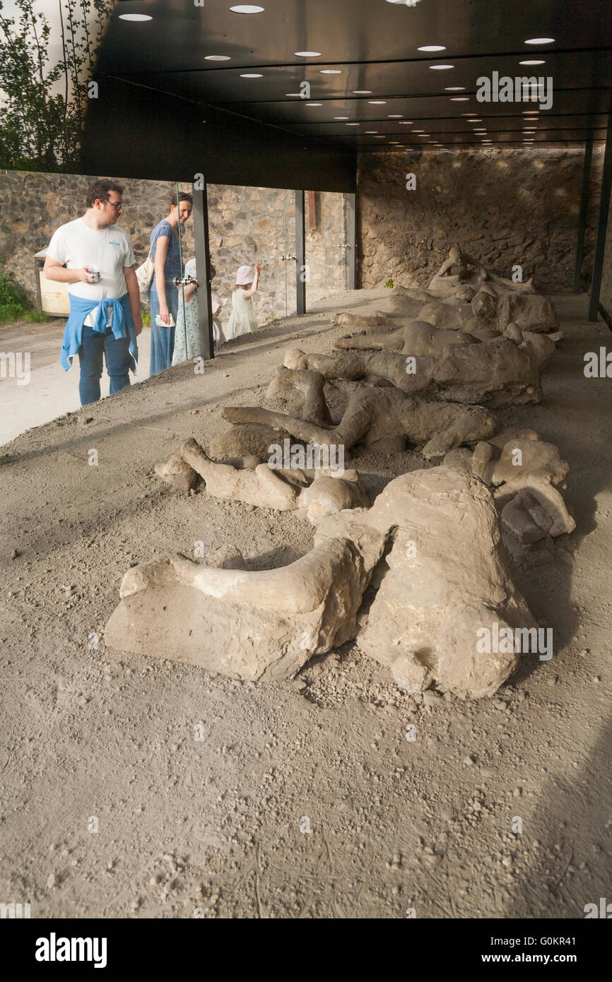 Tourist tourists in Garden of the Fugitives; casts / cast of dead / fugitive body / plaster bodies Pompeii Pompei Naples Italy Stock Photo