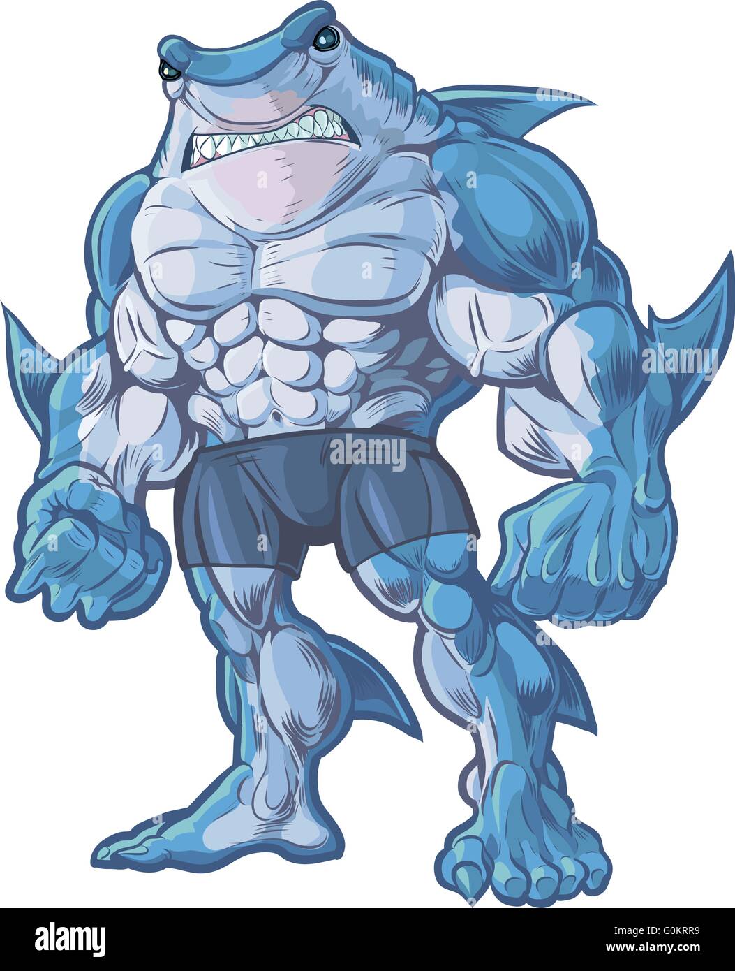 Vector cartoon clip art illustration of a muscular, tough, and mean looking anthropomorphic half shark, half man hybrid creature Stock Vector