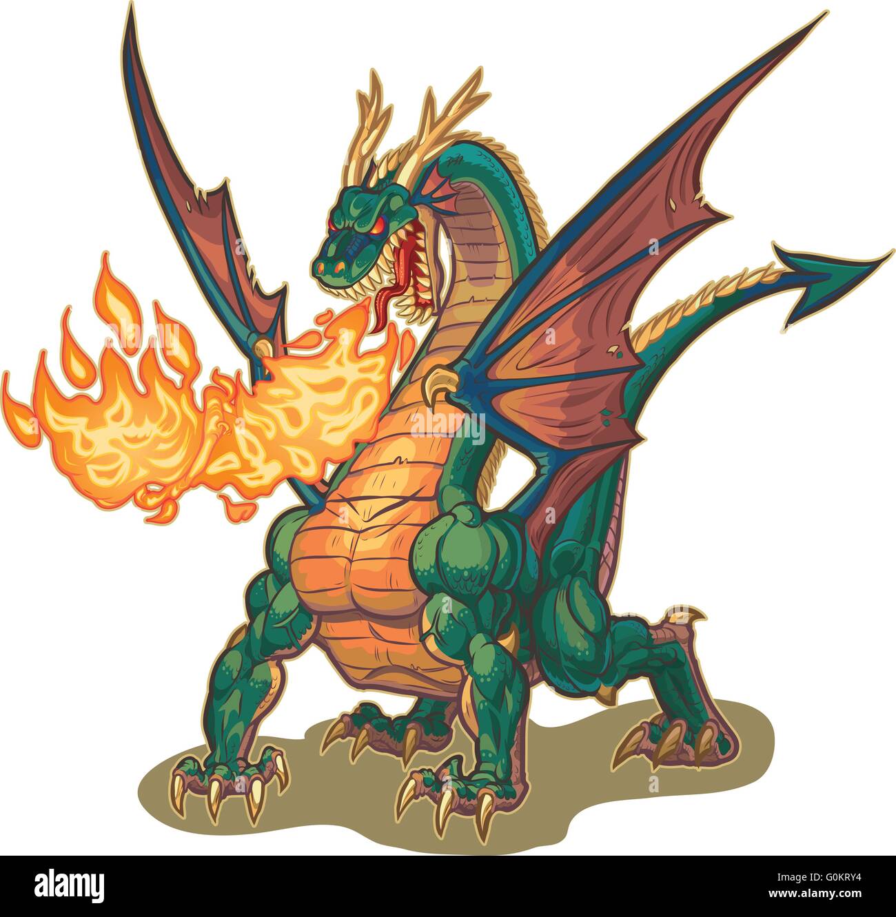 Vector cartoon clip art illustration of a muscular dragon mascot breathing fire with wings spread. Stock Vector