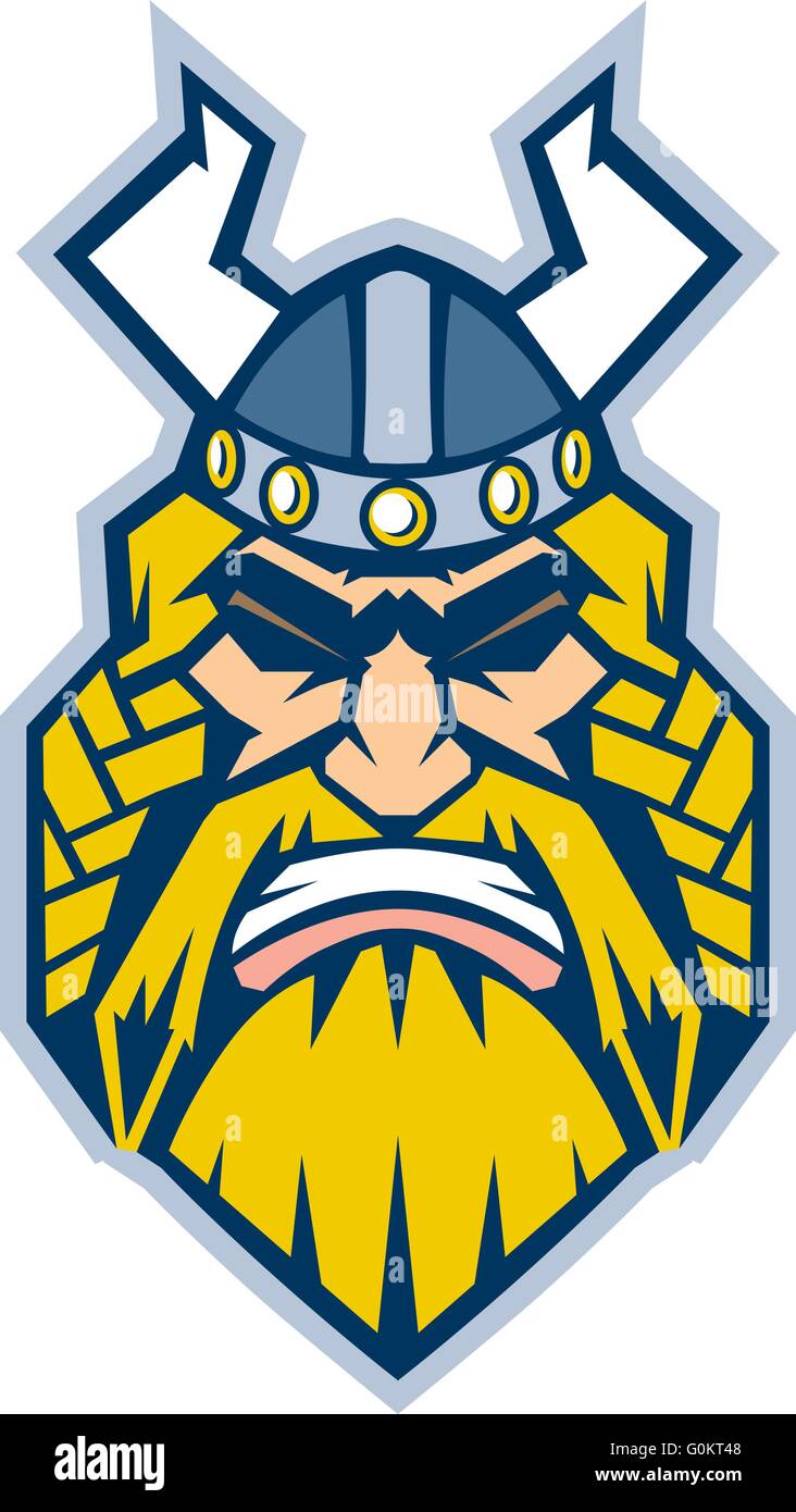 Vector Cartoon Clip Art Illustration of a Viking mascot head in a front view, rendered in a graphic style Stock Vector