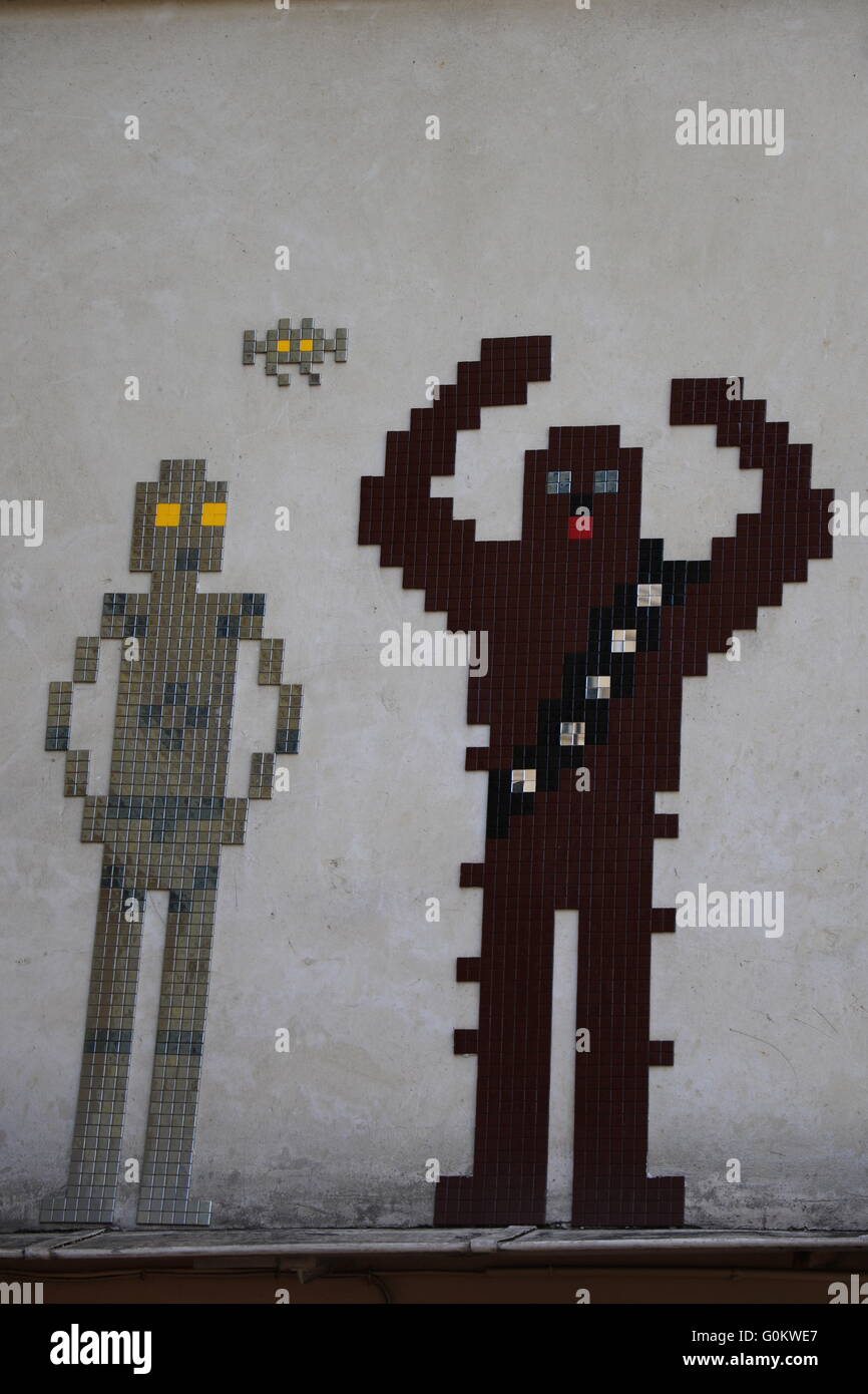 Street Art in Paris of Chewbacca and C6PO Stock Photo