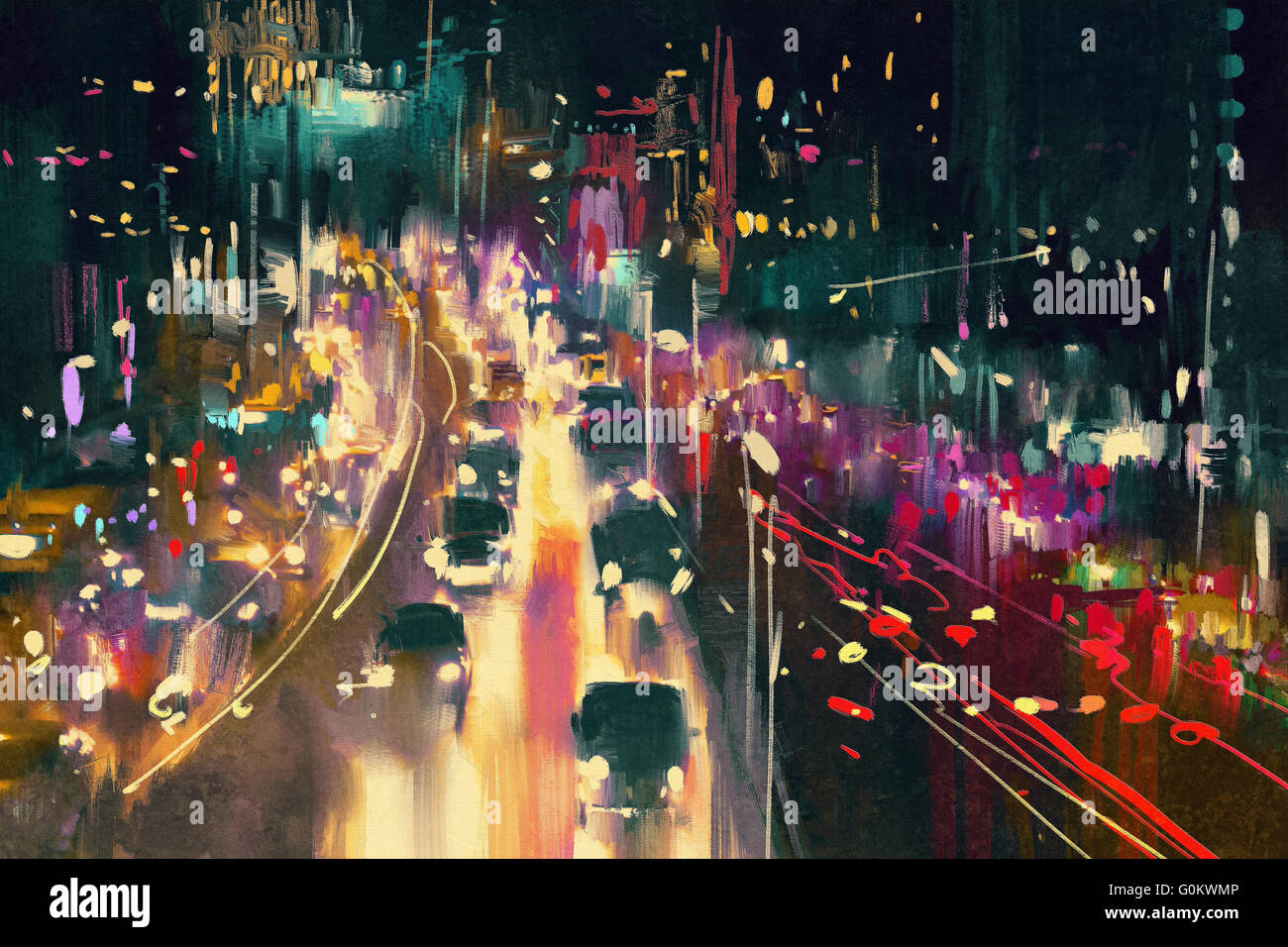 light trails on the street at night,illustration digital painting Stock Photo