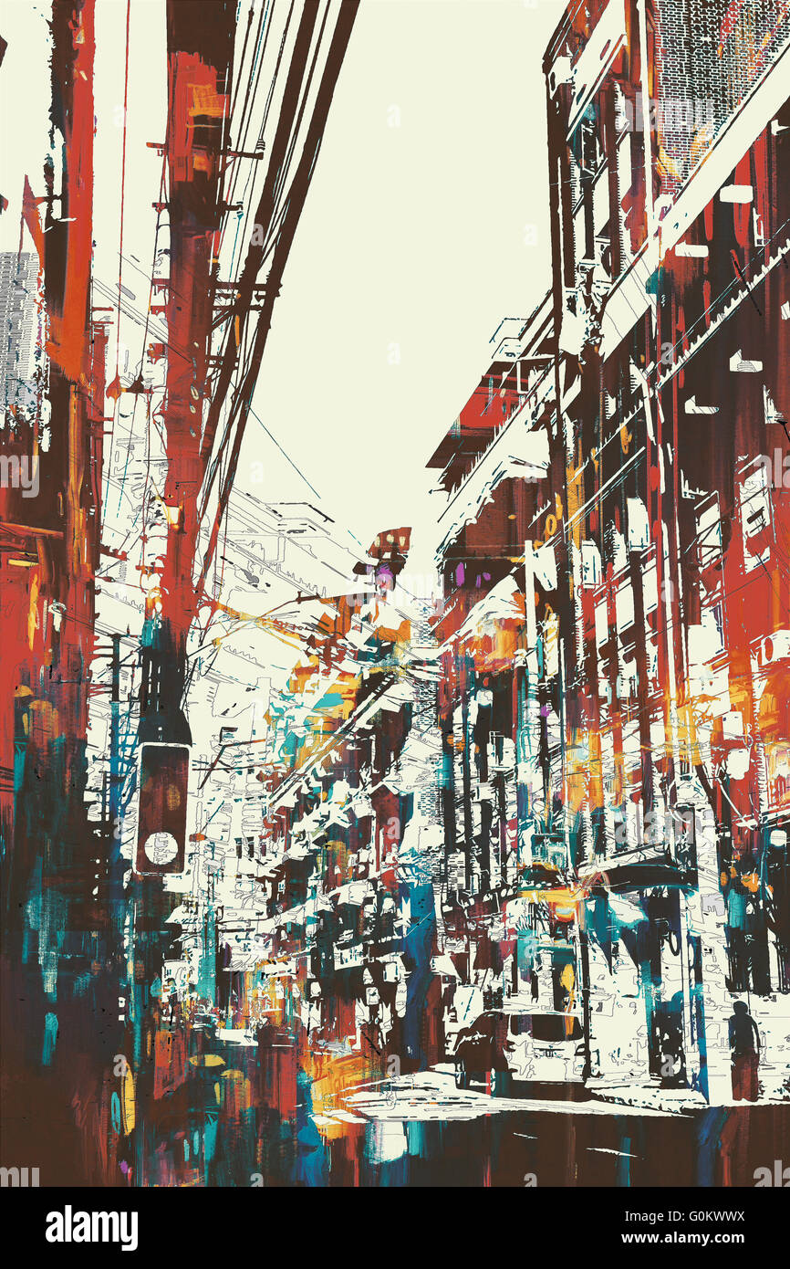 illustration painting of urban street with grunge texture Stock Photo ...