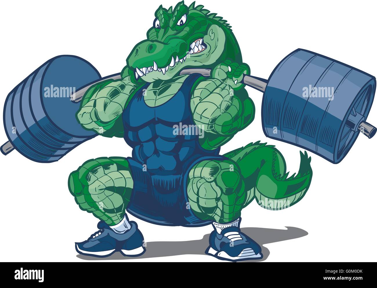 Vector cartoon clip art illustration of a tough mean weightlifting alligator or crocodile mascot wearing a singlet doing a squat Stock Vector