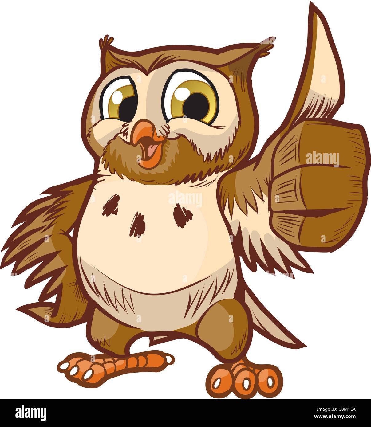 Vector cartoon clip art illustration of a cute and happy owl mascot giving the thumbs up hand gesture. Stock Vector