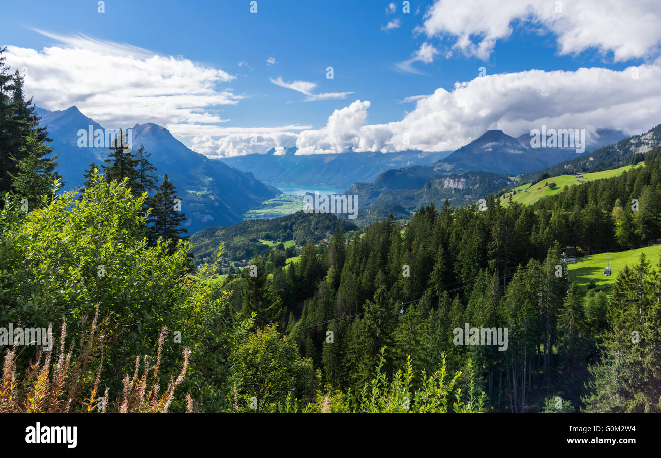 View of Haslital valley on a sunny day. In the distance Brienzersee surrounded by mountains. Hasliberg, Switzerland. Stock Photo