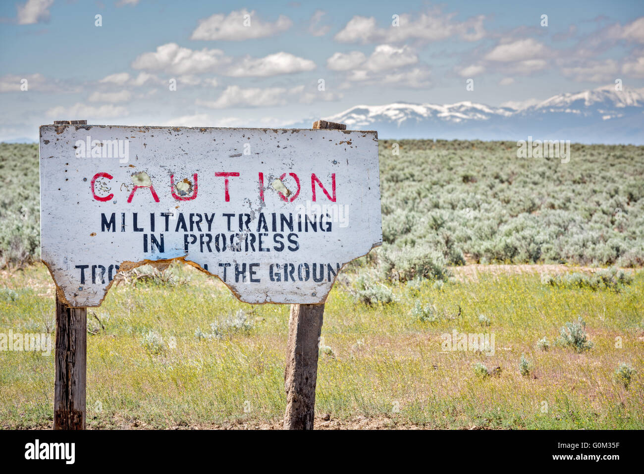 Military warning sign in the desert of Idaho Stock Photo Alamy