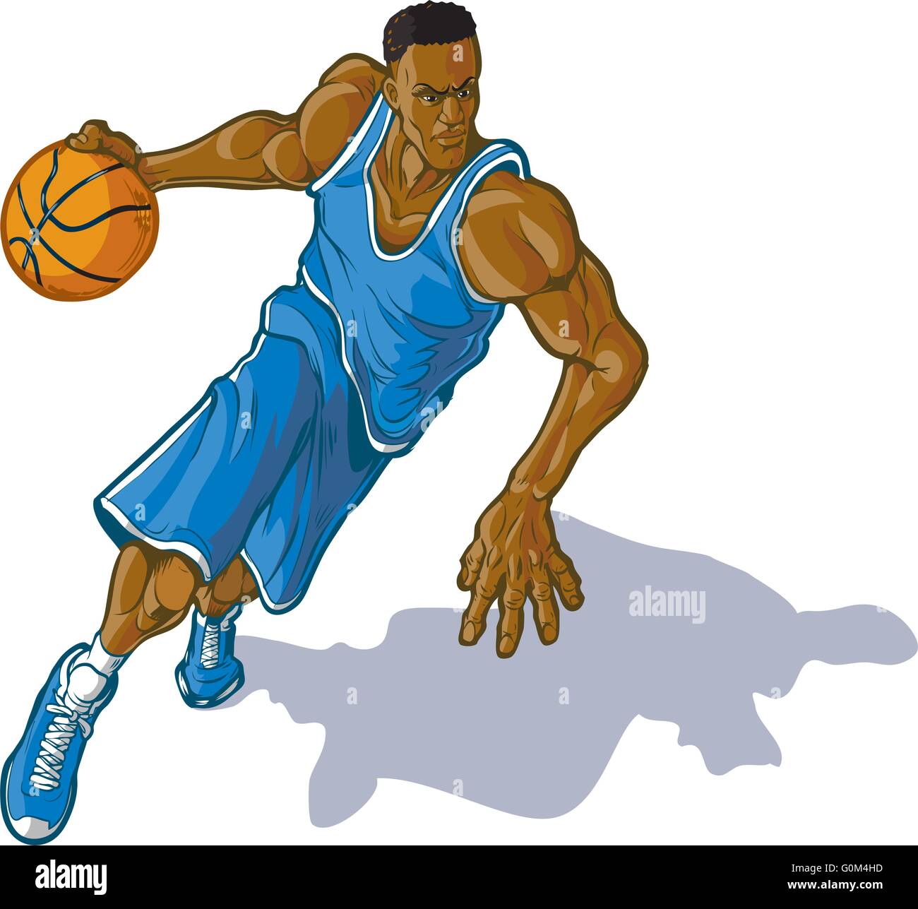Cartoon vector clip art illustration of a African American male basketball player dribbling. Stock Vector