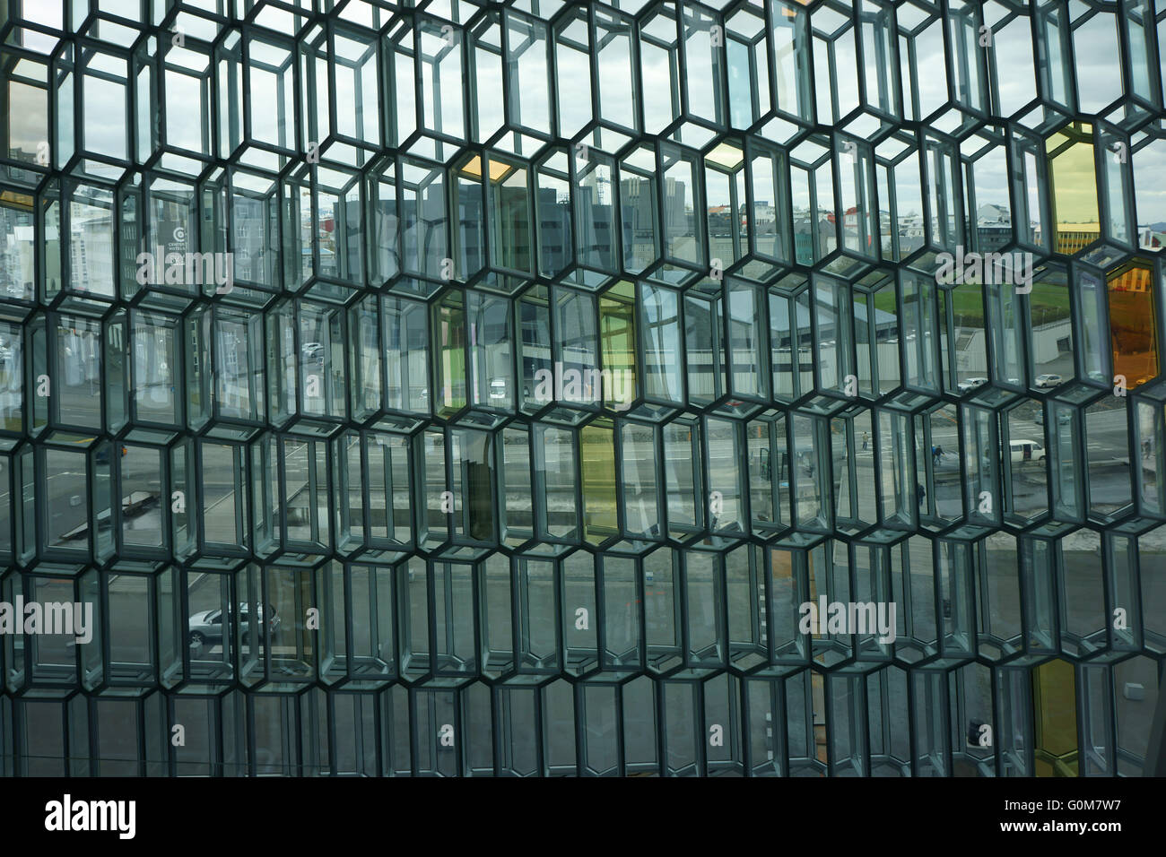 Harpa congress and concert building, Glass wall in Obsidian shapes, Reykjavik, Iceland Stock Photo