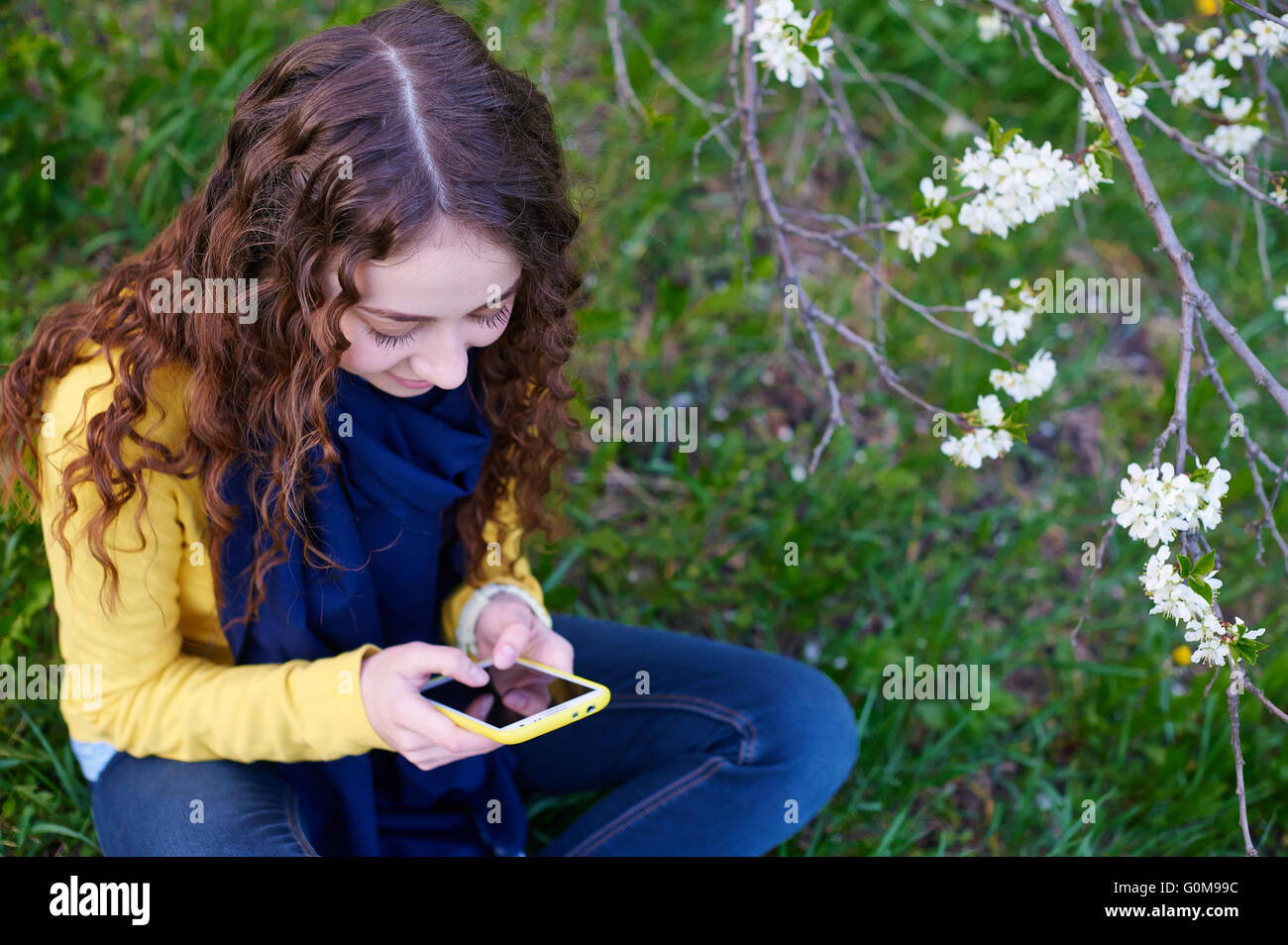 Beautiful young woman sitting on grass with a smartphone Stock Photo