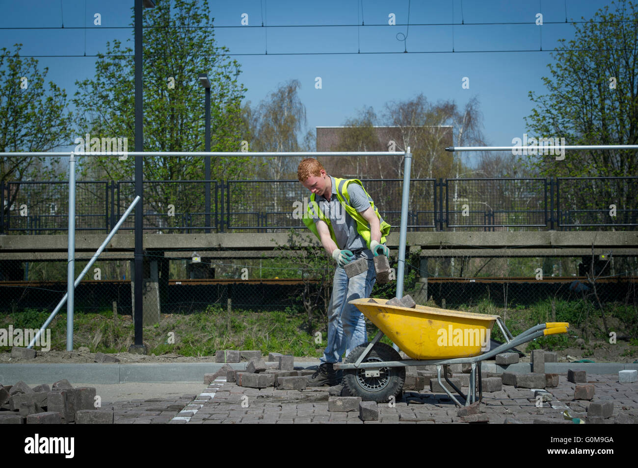 Young man throwing bricks in a wheelbarrow Stock Photo Alamy