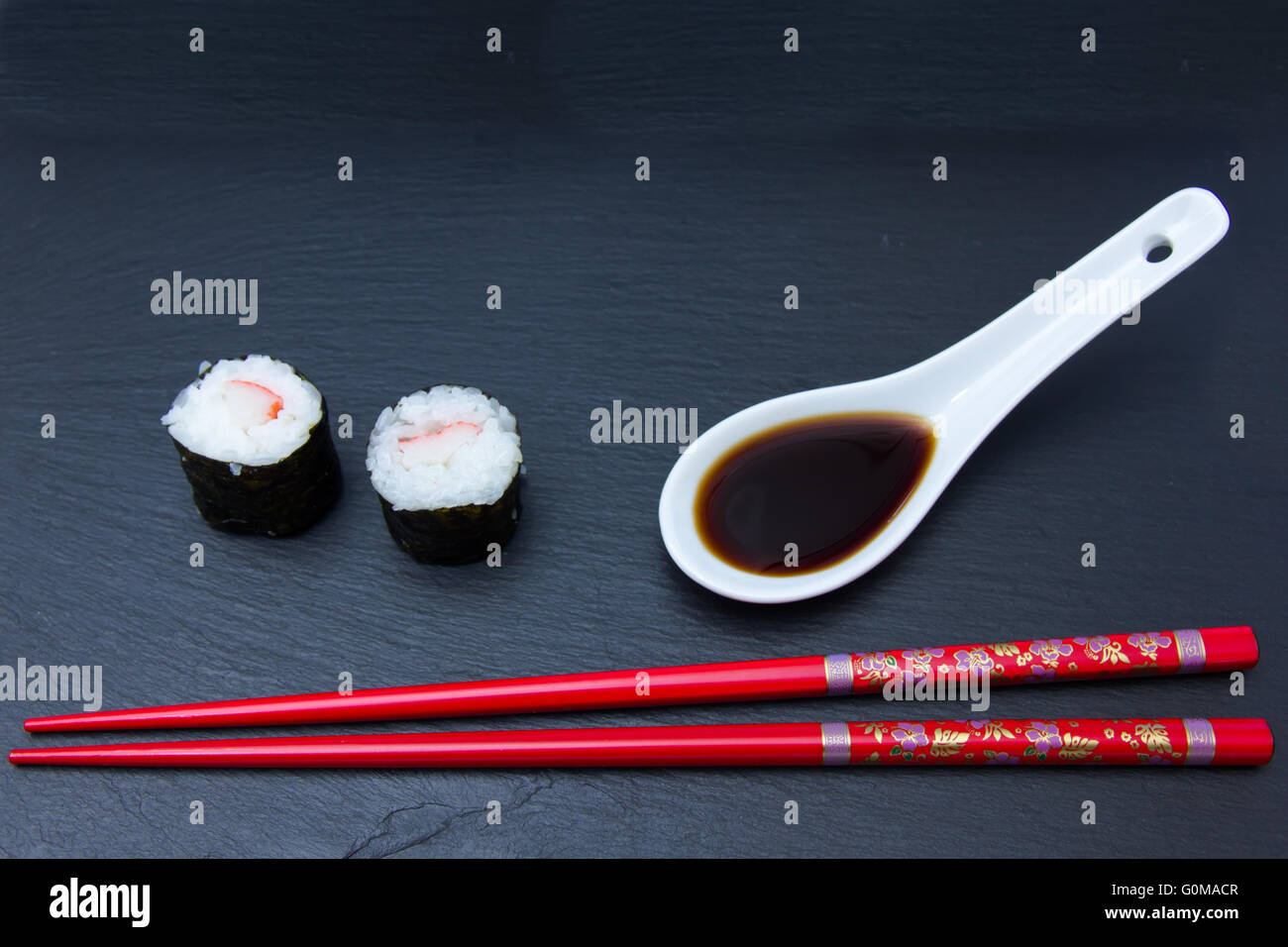 Maki with surimi on a slate floor Stock Photo