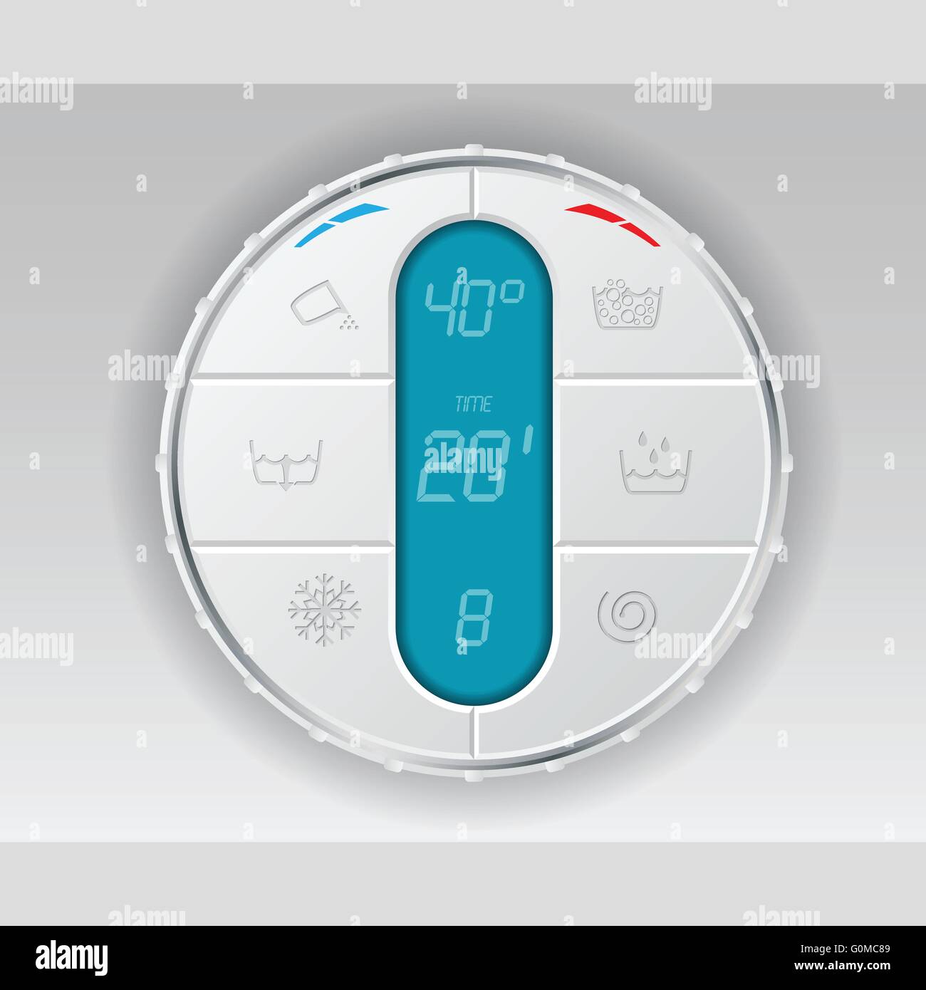 Wash machine control panel with turquoise lcd showing temperature program and time Stock Vector