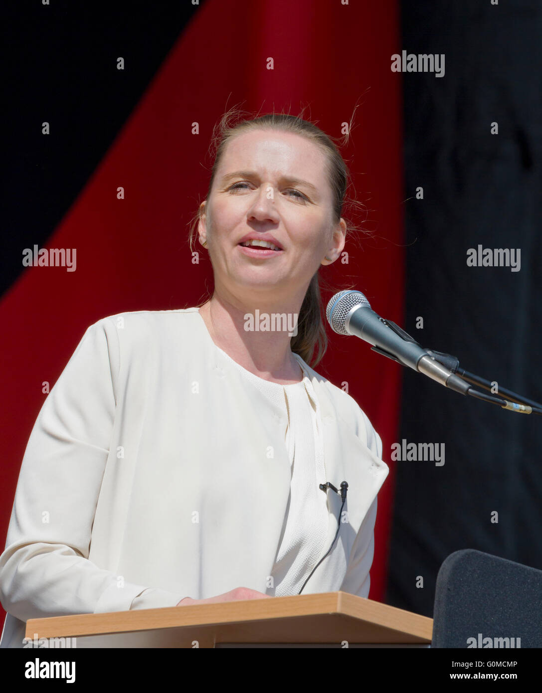 MP, Social Democrats, Mette Frederiksen speaks at the International Workers’ Day, Labour Day, on 1st May in Faelledparken Stock Photo