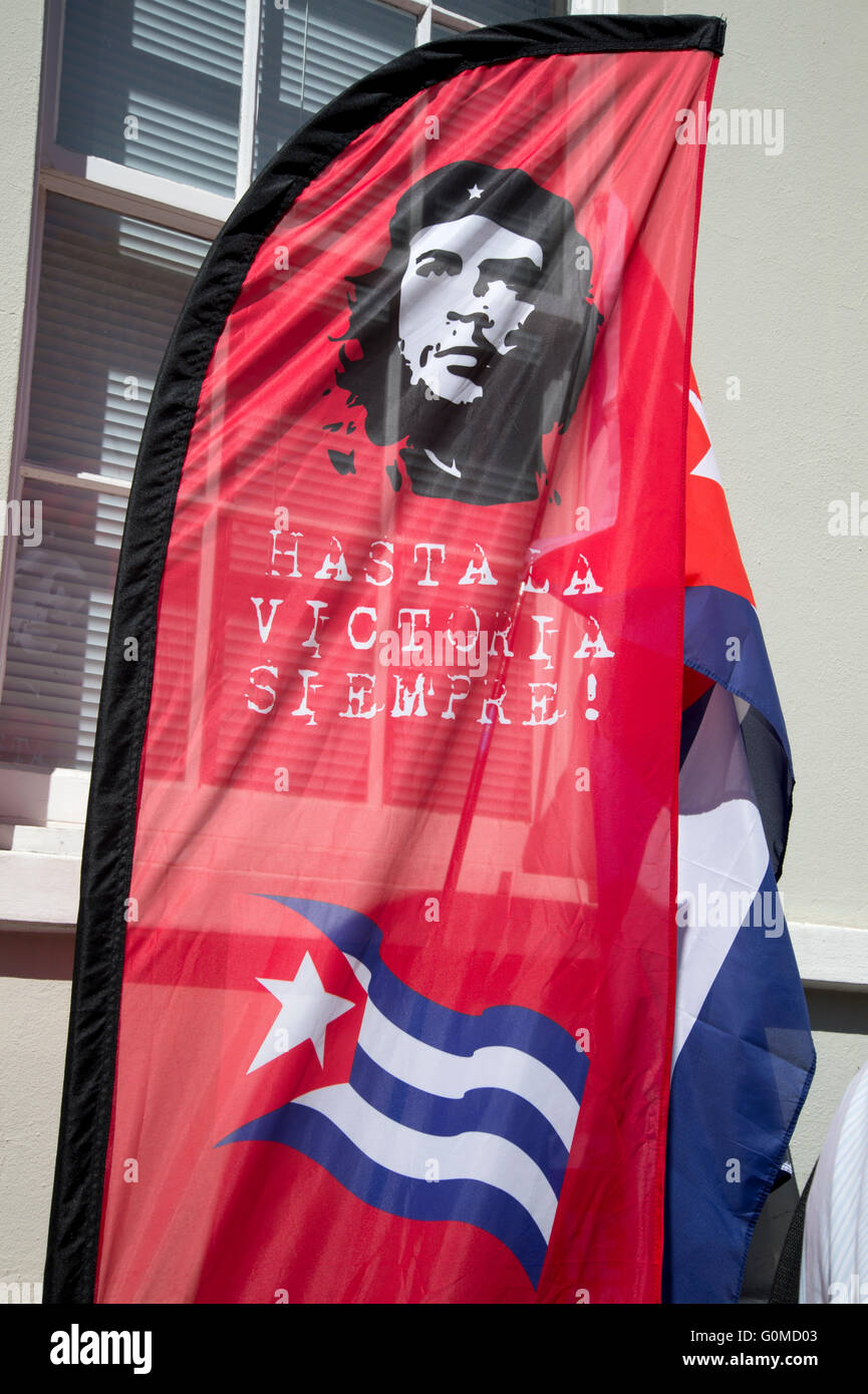 Mayday 2016. Clerkenwell. Cuba solidarity. Che flag and Cuban flag. International Workers Day. Stock Photo