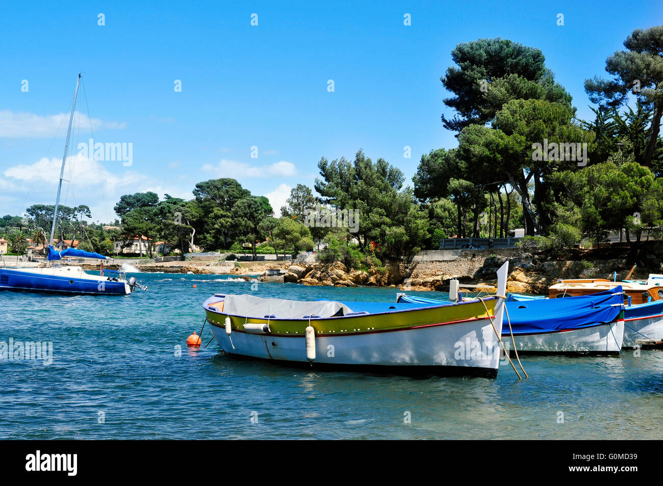 view of some fishing boats moored in the Mediterranean sea, in the French Riviera, France Stock Photo