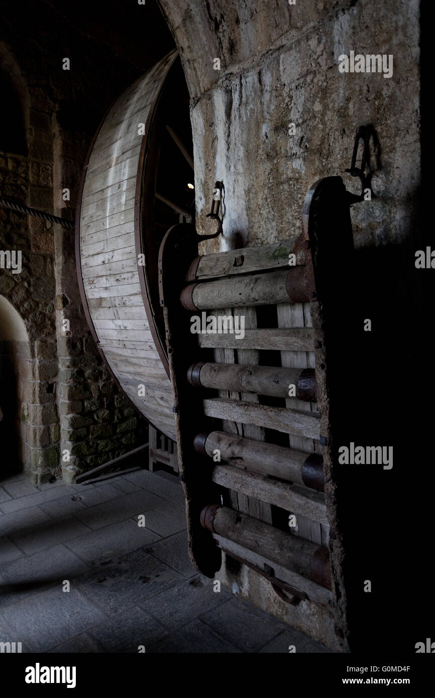The historic winch and sledge device at Mont St Michel monastery abbey in Normandy, France Stock