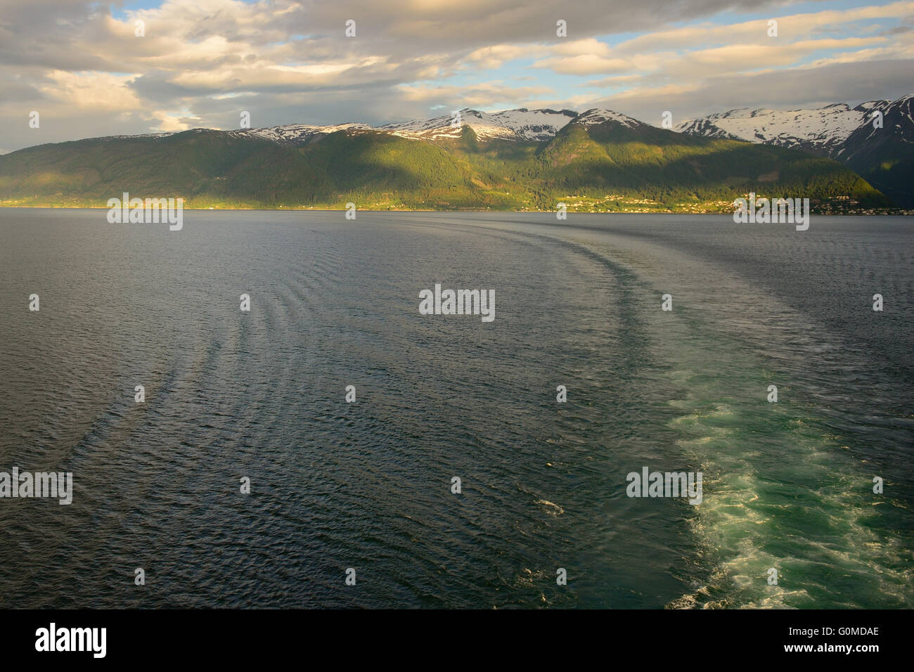 Sailing away from Balestrand on the Sognefjord, Norway's longest fjord. Stock Photo